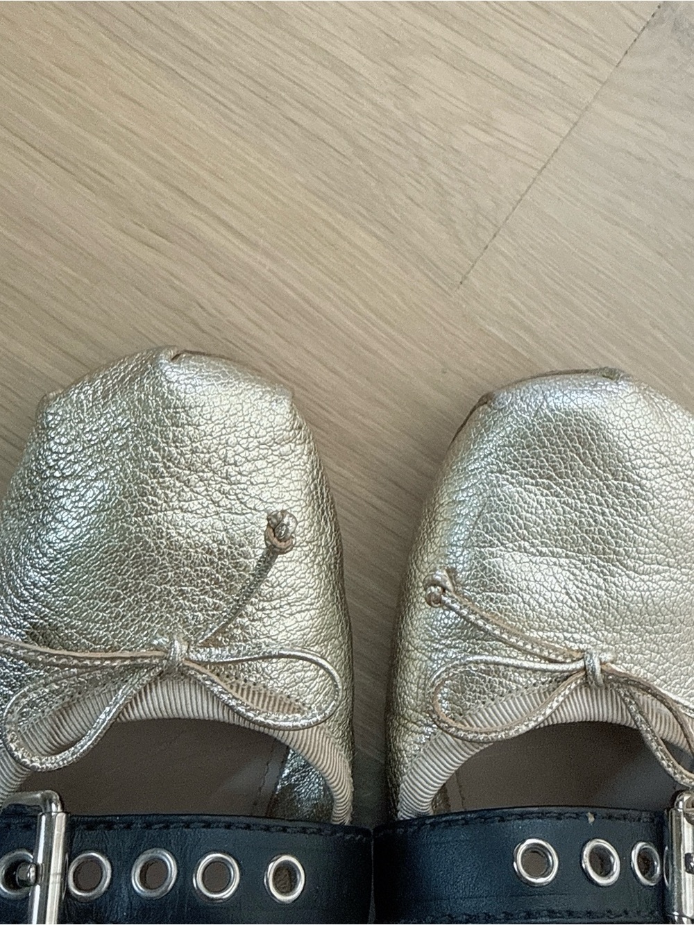 RARE Miu Miu Metallic Leather Ballet Flats with Buckled Straps & Ribbon Laces - Picture 7 of 12